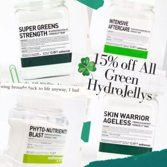 Happy St Patty's Day!!!
15% off All Green Hydrojellys today!
These include,
🍀 Phyto-Nutrients Blast
🍀 Skin Warrior
🍀 Intensive Aftercare
🍀 Super Greens 
🍀 Radiance Biotin

www.esthemax.ca

#esthemax #esthemaxcanada #greenhydrojelly #hydrojellymask #hydrojelly #jellymasks #skin #green #stpattysday #stpattys